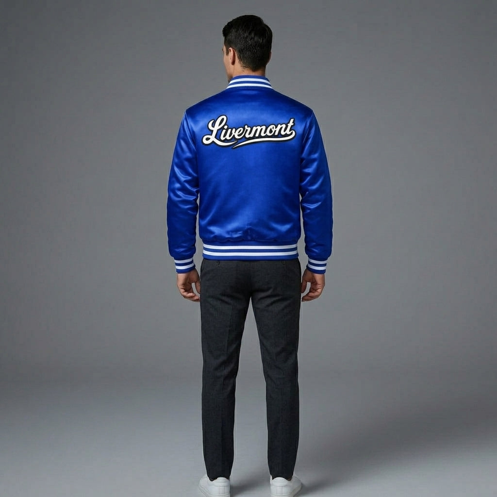 Men’s Blue Satin Varsity Jacket – Personalized Letterman with Back Text
