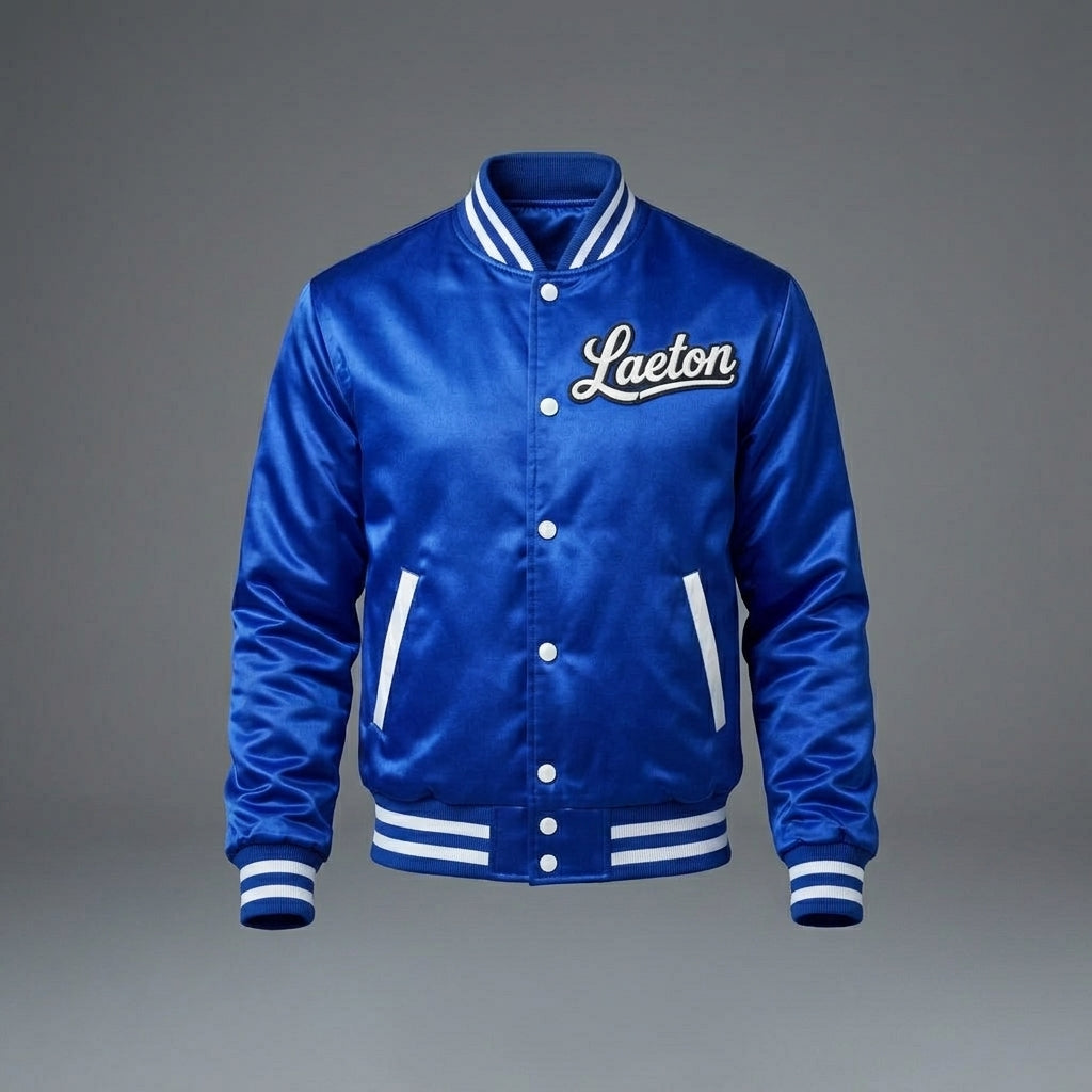 Men’s Blue Satin Varsity Jacket – Personalized Letterman with Back Text