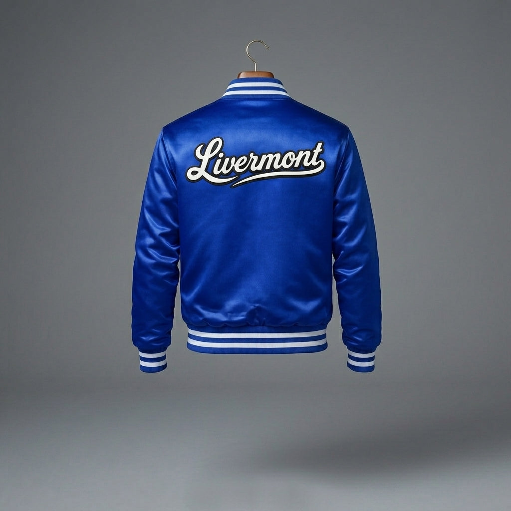 Men’s Blue Satin Varsity Jacket – Personalized Letterman with Back Text