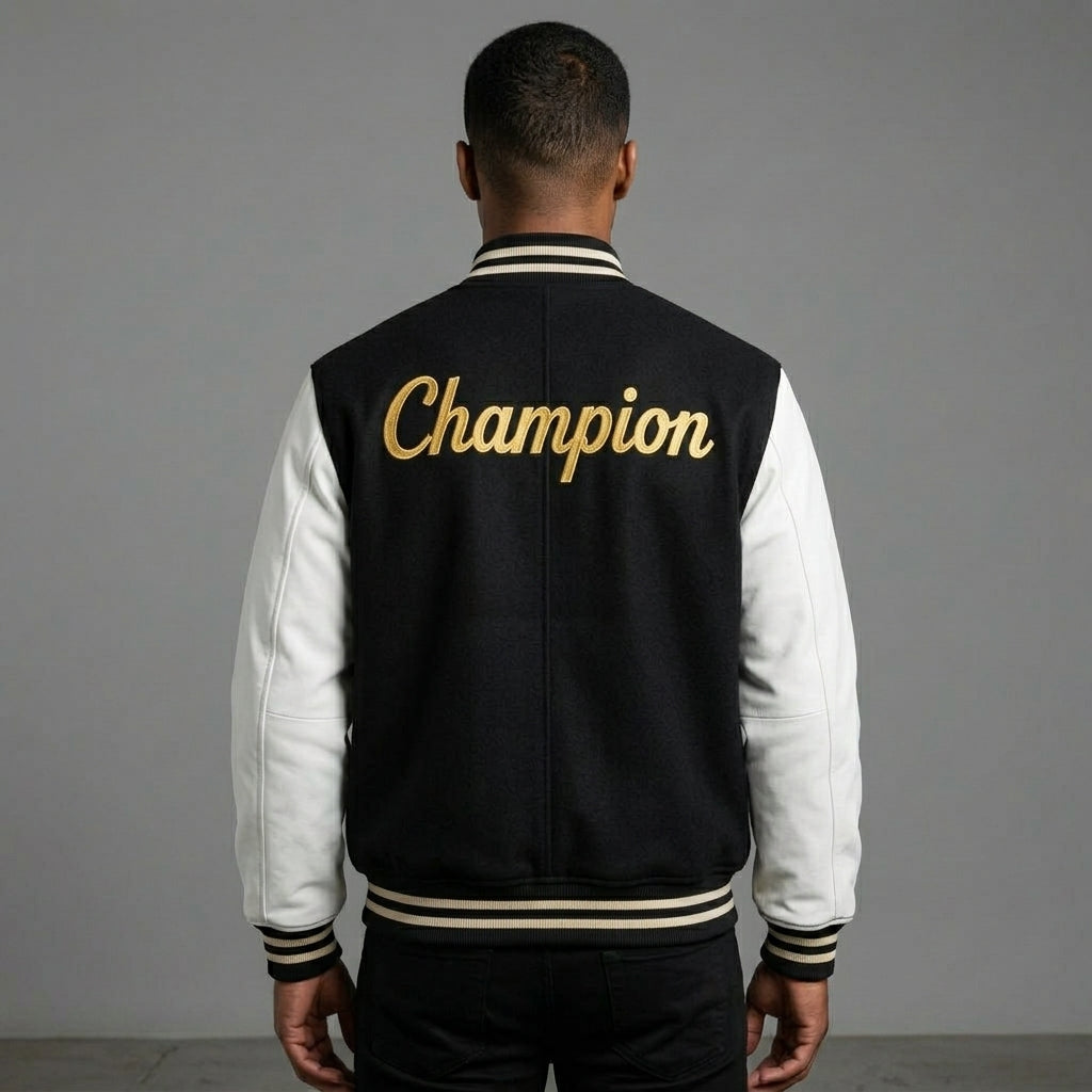 Men’s Classic Black & White Varsity Jacket – Letterman Baseball Bomber