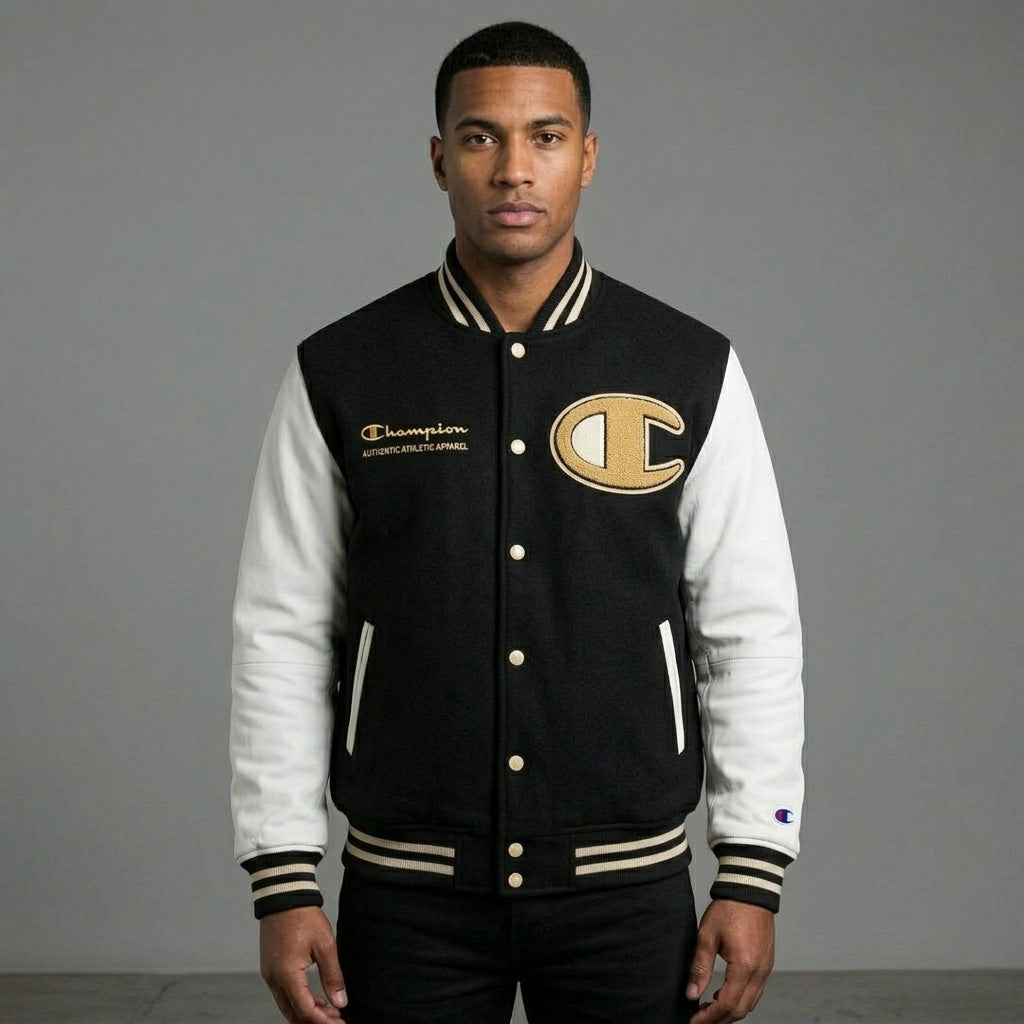 Men’s Classic Black & White Varsity Jacket – Letterman Baseball Bomber