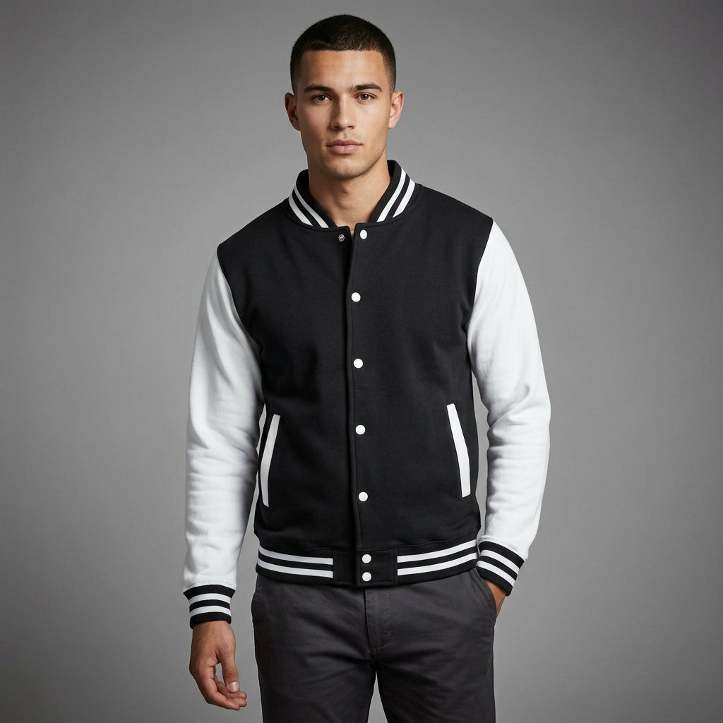 Men’s Classic Black & White Varsity Jacket – Cotton Fleece Letterman Bomber
