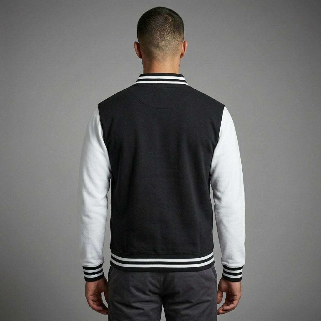 Men’s Classic Black & White Varsity Jacket – Cotton Fleece Letterman Bomber