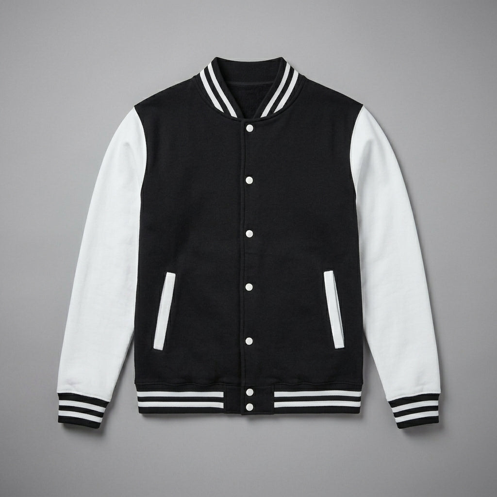 Men’s Classic Black & White Varsity Jacket – Cotton Fleece Letterman Bomber