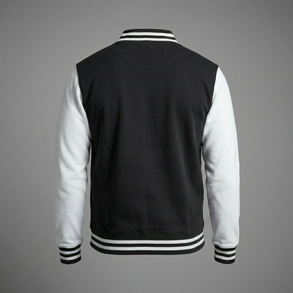 Men’s Classic Black & White Varsity Jacket – Cotton Fleece Letterman Bomber