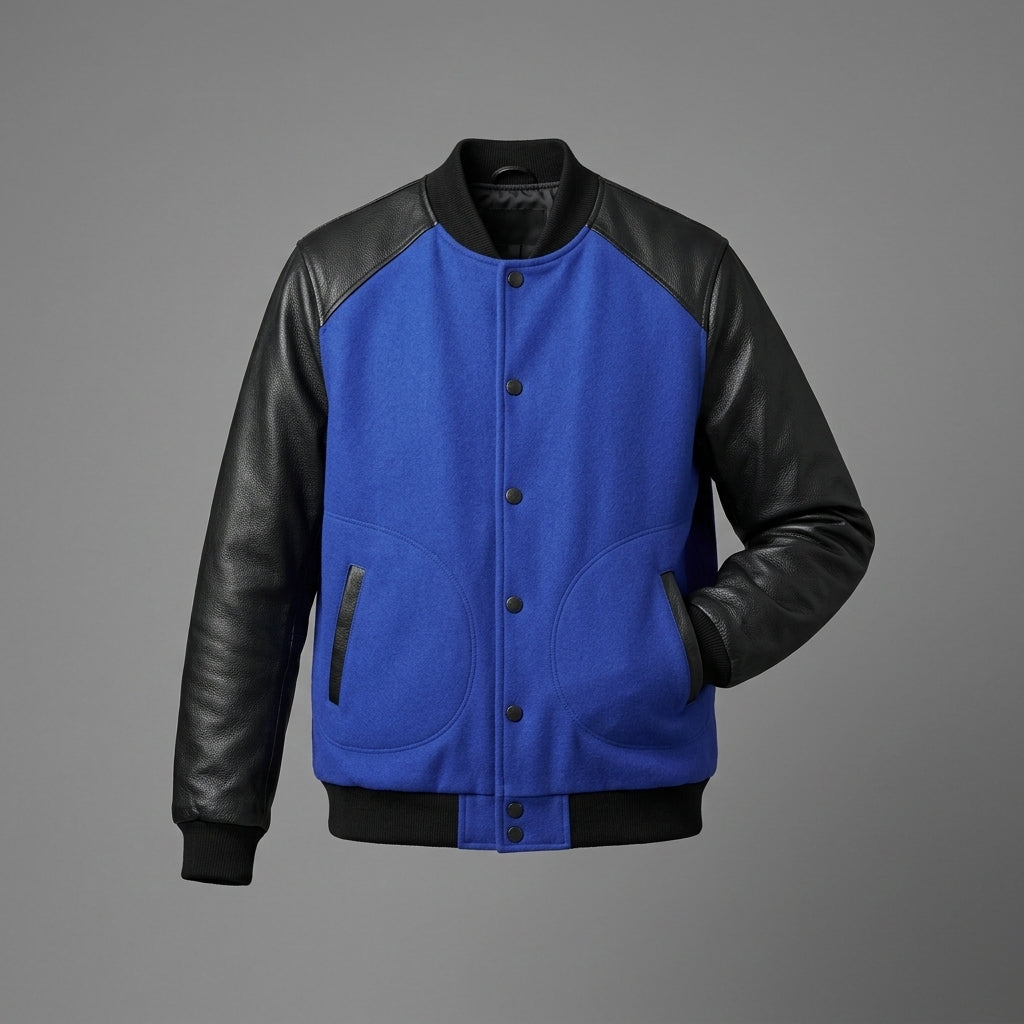 Men’s Cobalt Blue Wool Varsity Jacket – Black Leather Sleeves Letterman