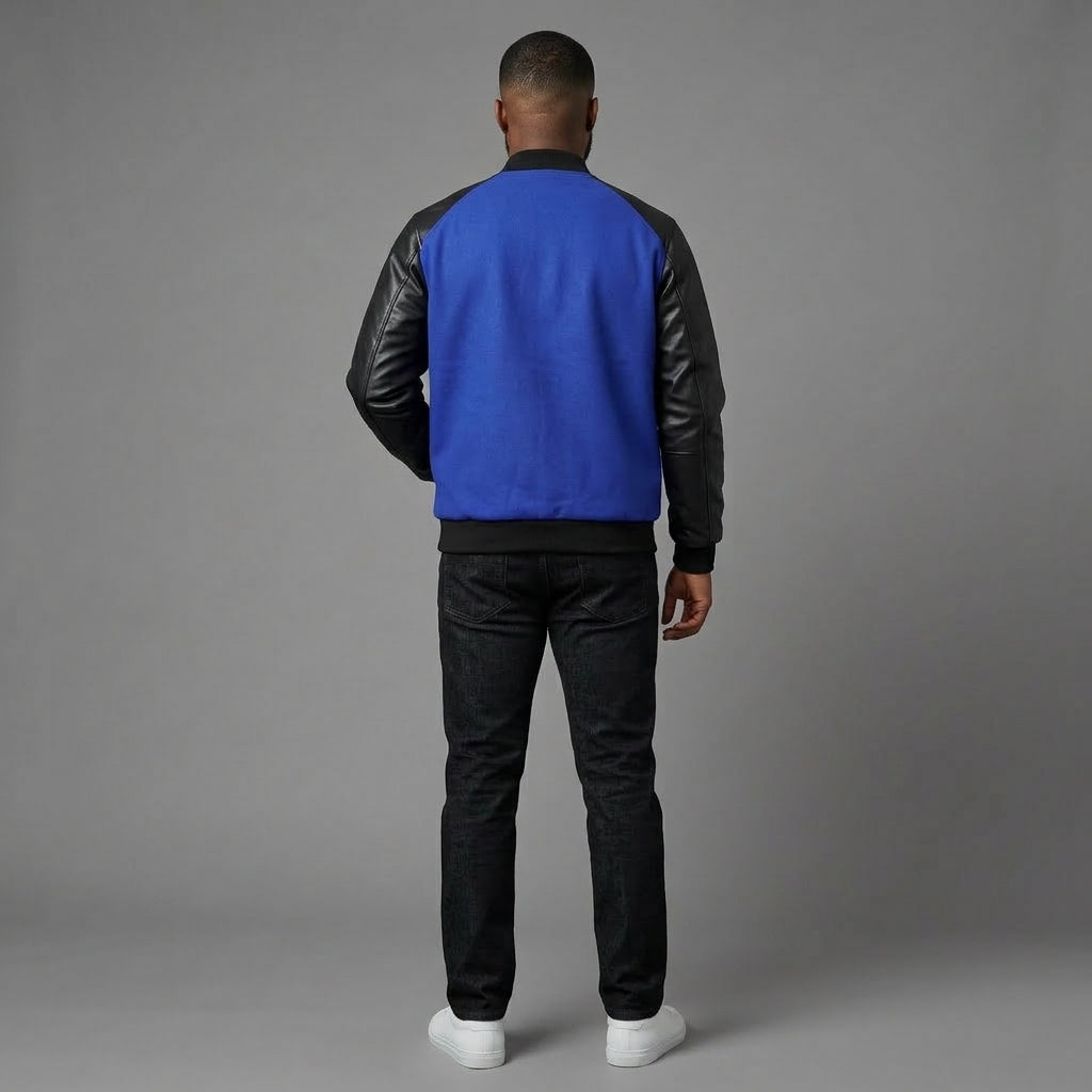 Men’s Cobalt Blue Wool Varsity Jacket – Black Leather Sleeves Letterman