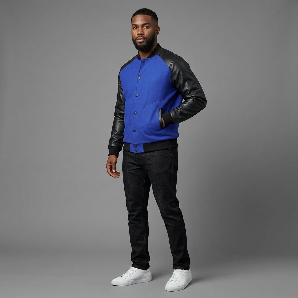 Men’s Cobalt Blue Wool Varsity Jacket – Black Leather Sleeves Letterman