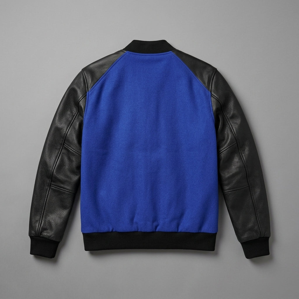 Men’s Cobalt Blue Wool Varsity Jacket – Black Leather Sleeves Letterman