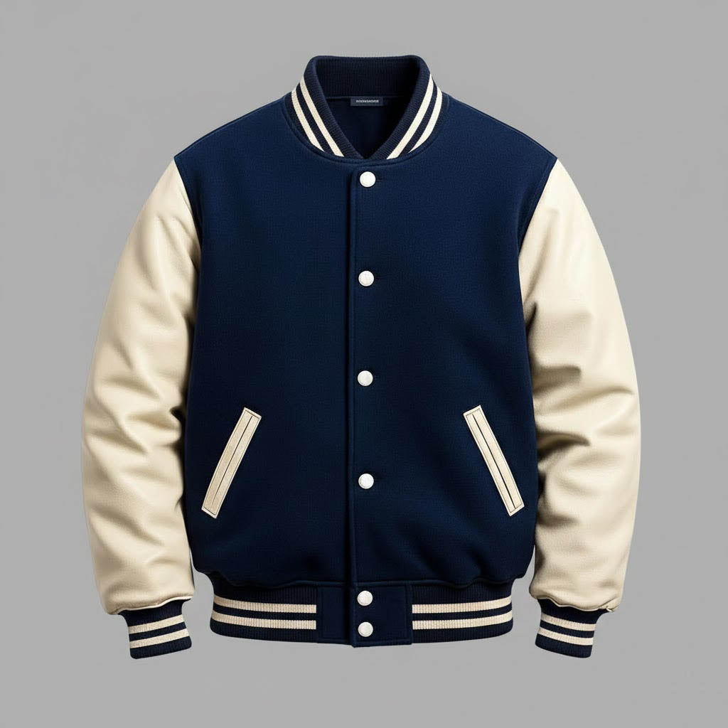 Men’s Dark Blue & White Leather Sleeve Varsity Jacket