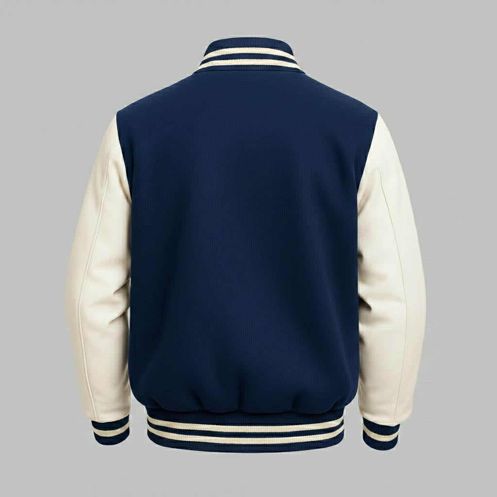 Men’s Dark Blue & White Leather Sleeve Varsity Jacket