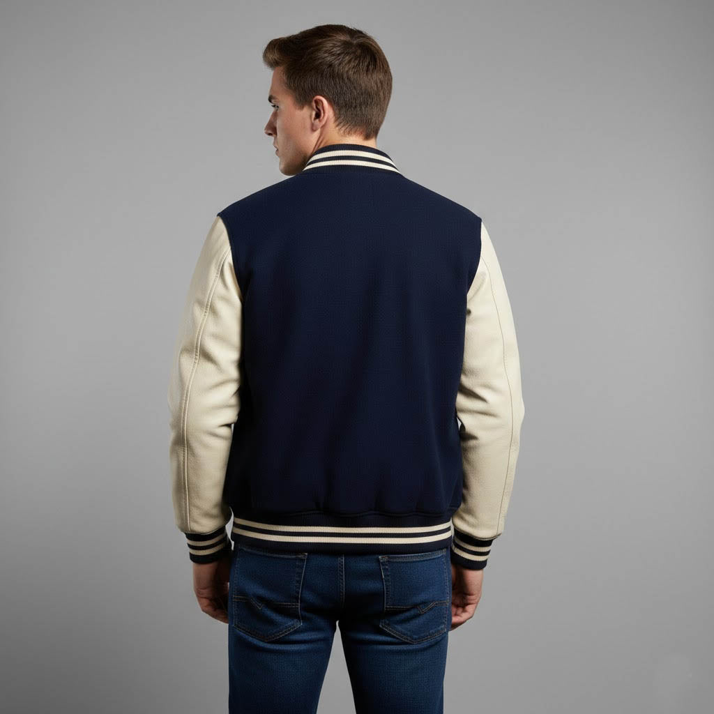 Men’s Dark Blue & White Leather Sleeve Varsity Jacket