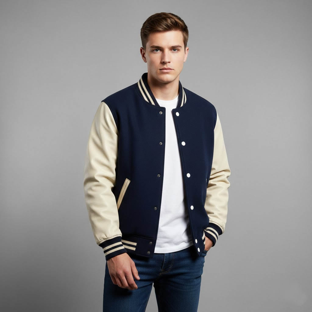 Men’s Dark Blue & White Leather Sleeve Varsity Jacket