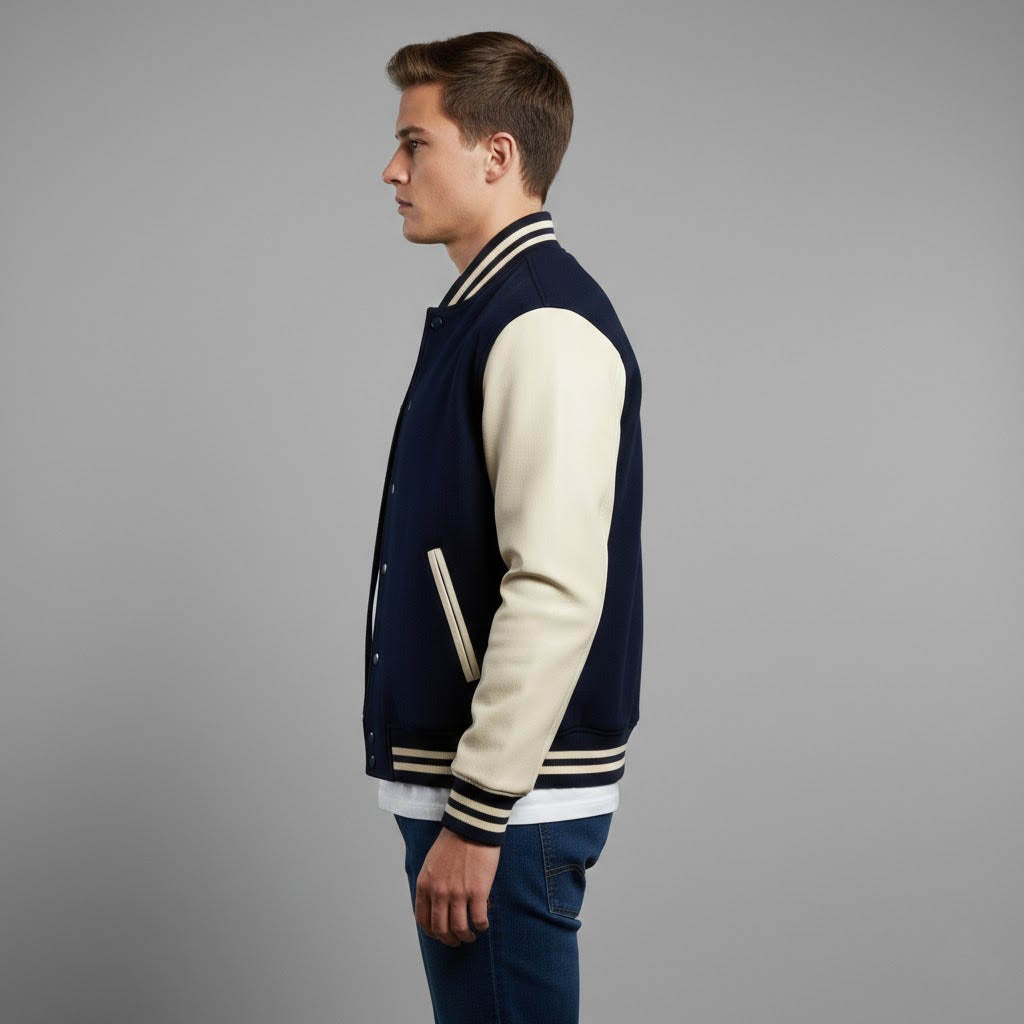 Men’s Dark Blue & White Leather Sleeve Varsity Jacket