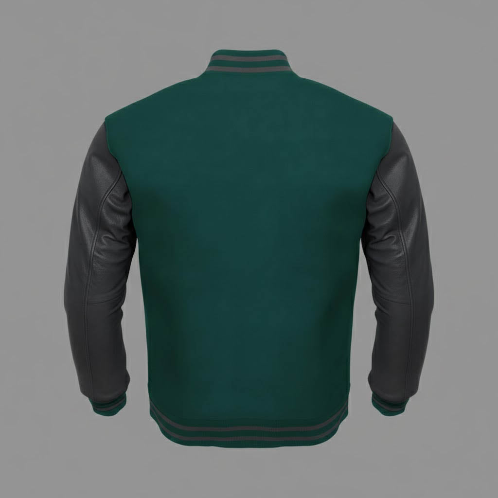 Men’s Green Body & Black Leather Sleeves Varsity Jacket