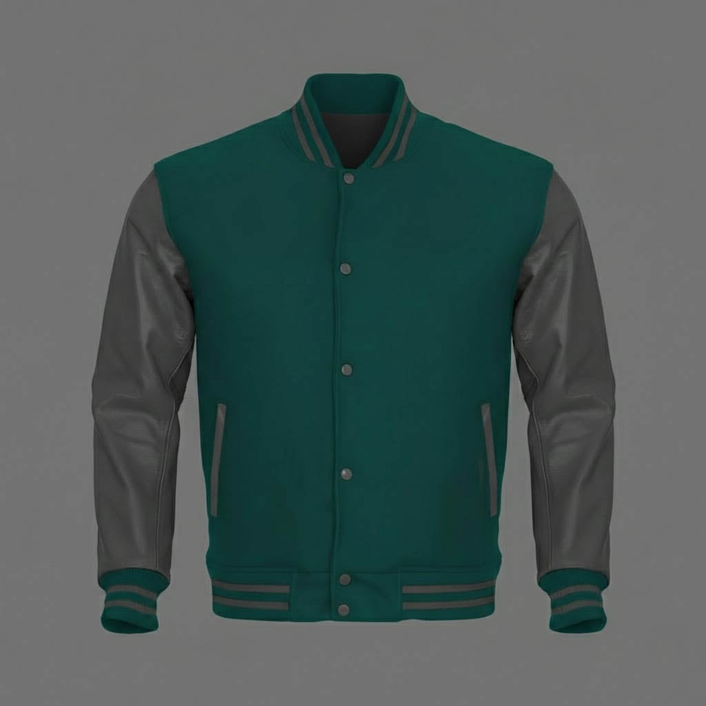 Men’s Green Body & Black Leather Sleeves Varsity Jacket
