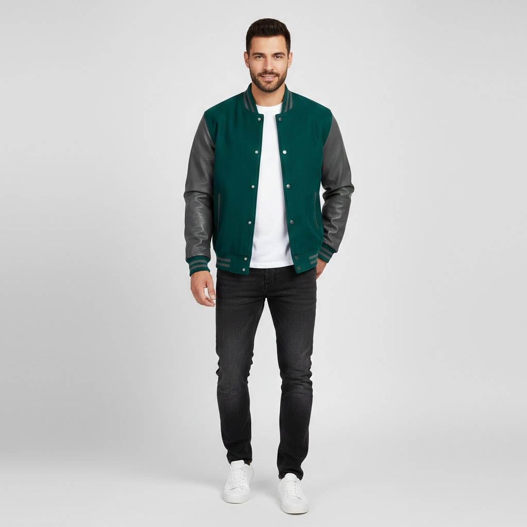 Men’s Green Body & Black Leather Sleeves Varsity Jacket