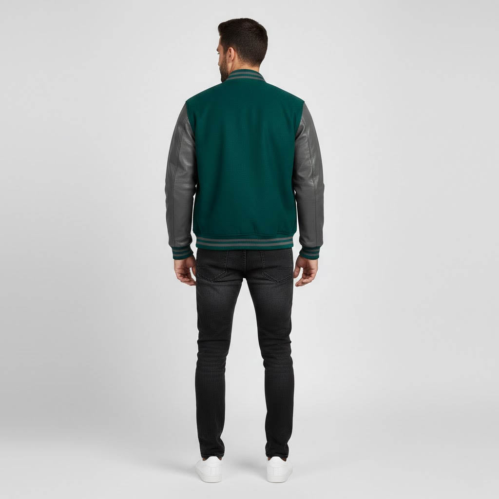 Men’s Green Body & Black Leather Sleeves Varsity Jacket