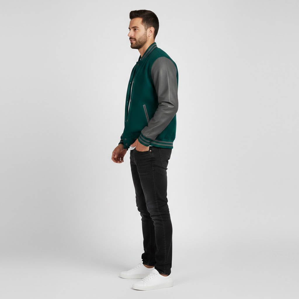 Men’s Green Body & Black Leather Sleeves Varsity Jacket