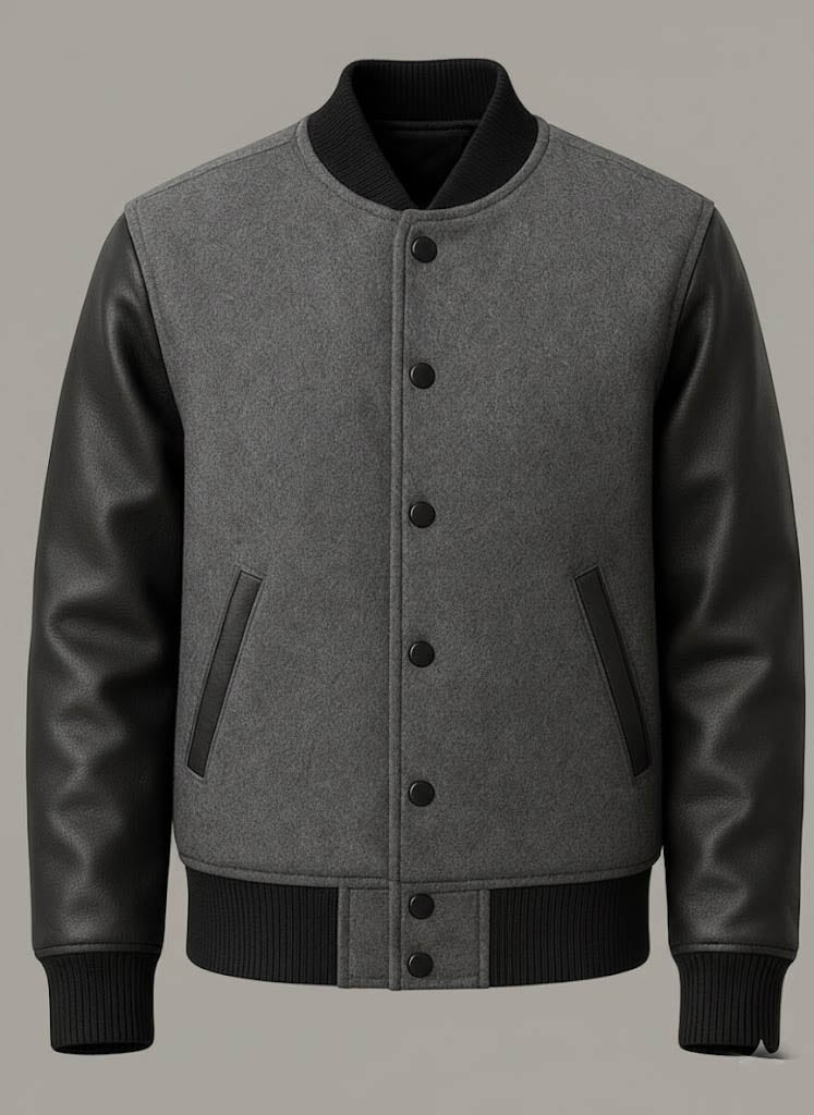 Men’s Grey Body & Black Leather Sleeves Varsity Jacket