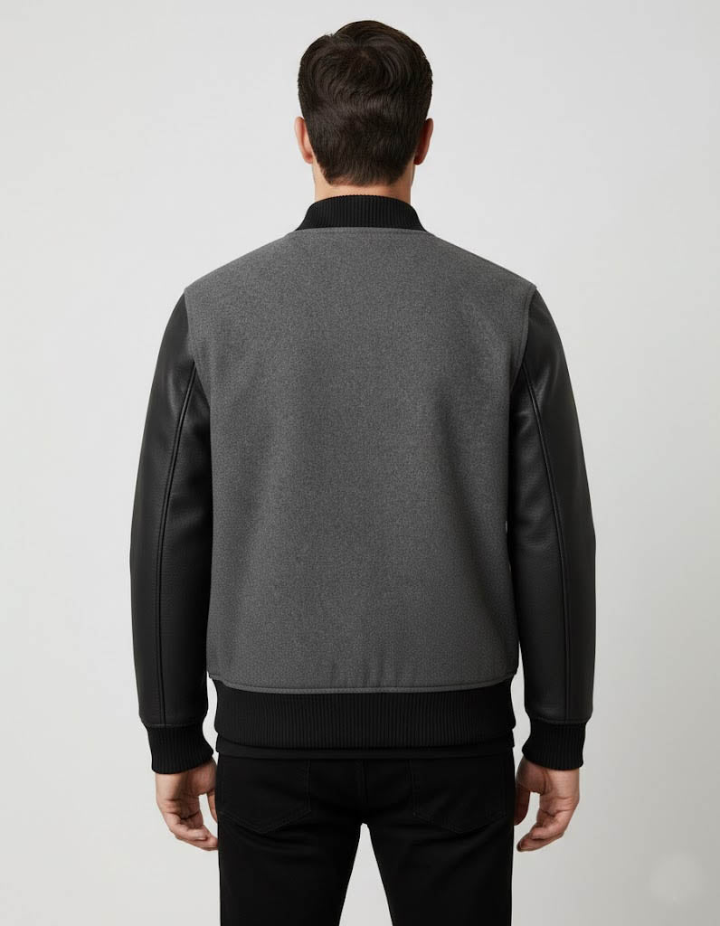 Men’s Grey Body & Black Leather Sleeves Varsity Jacket