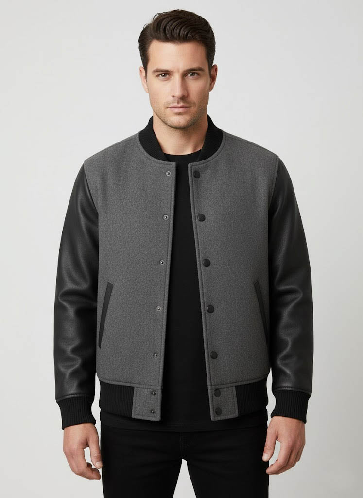Men’s Grey Body & Black Leather Sleeves Varsity Jacket