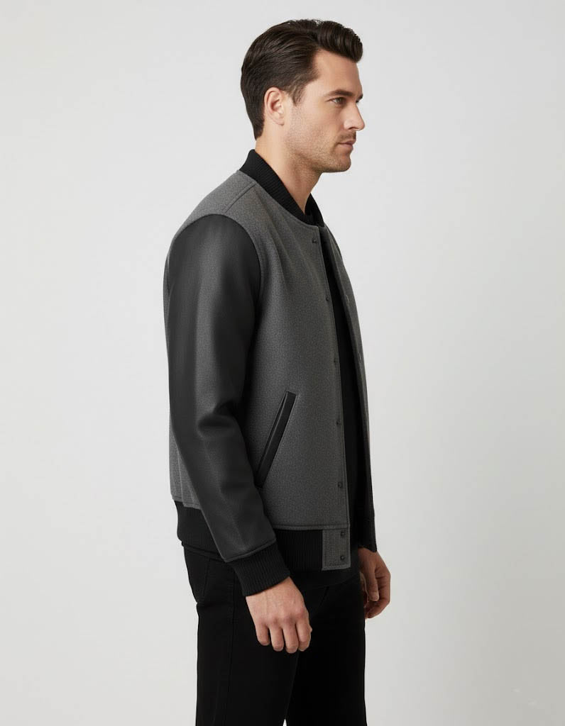 Men’s Grey Body & Black Leather Sleeves Varsity Jacket