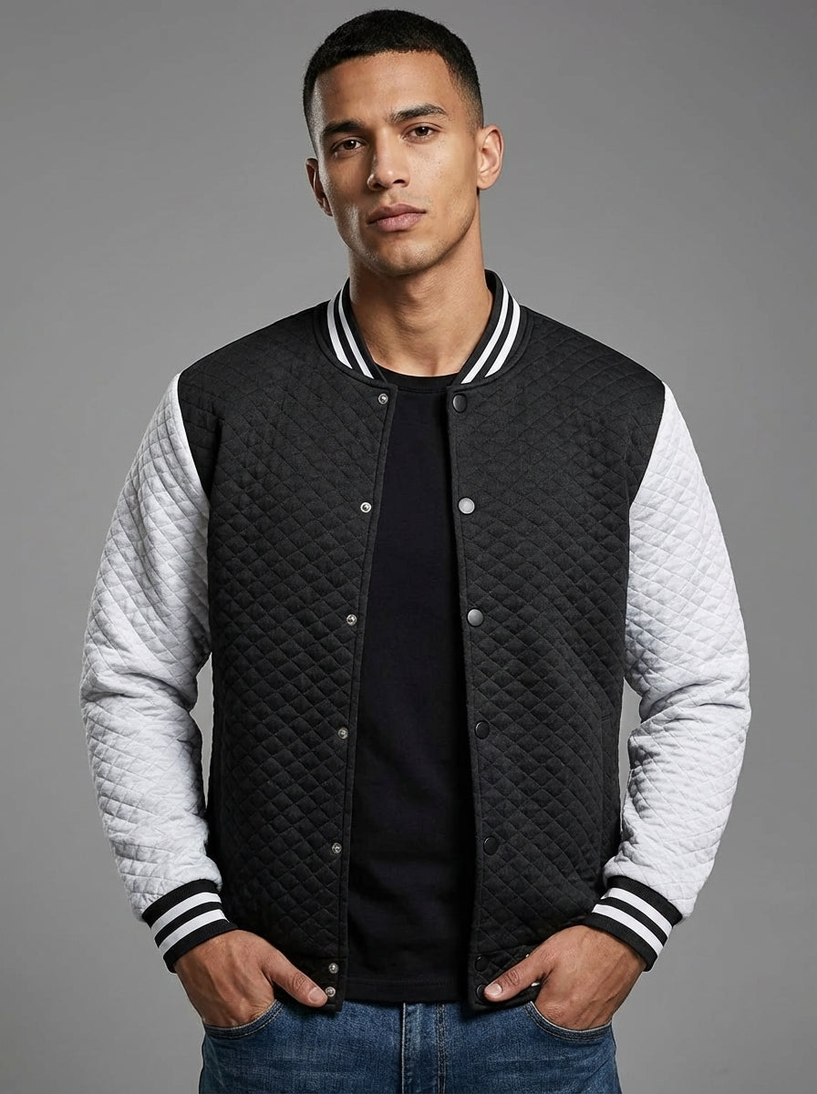 Men’s Lightweight Varsity Jacket – Black & White Waffle Letterman Bomber