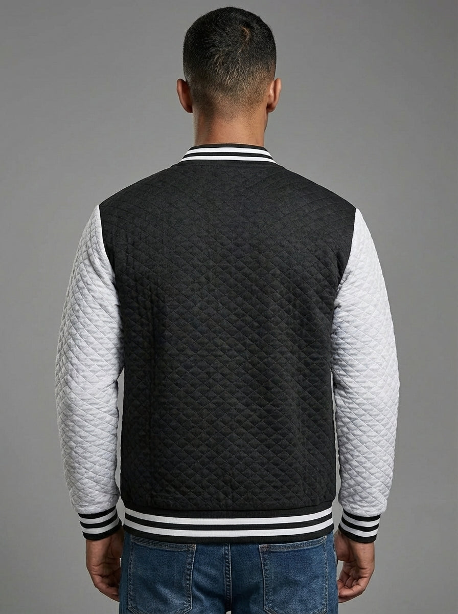 Men’s Lightweight Varsity Jacket – Black & White Waffle Letterman Bomber