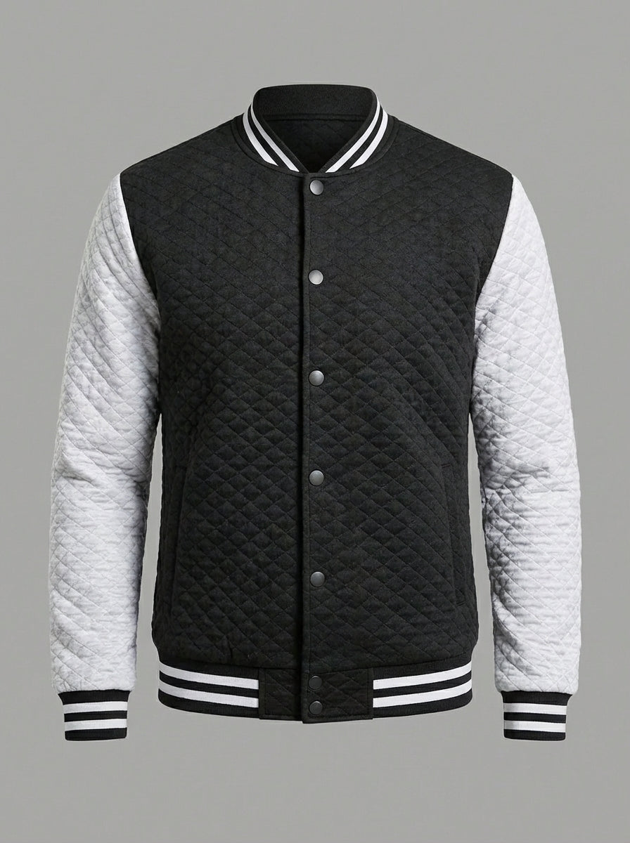 Men’s Lightweight Varsity Jacket – Black & White Waffle Letterman Bomber