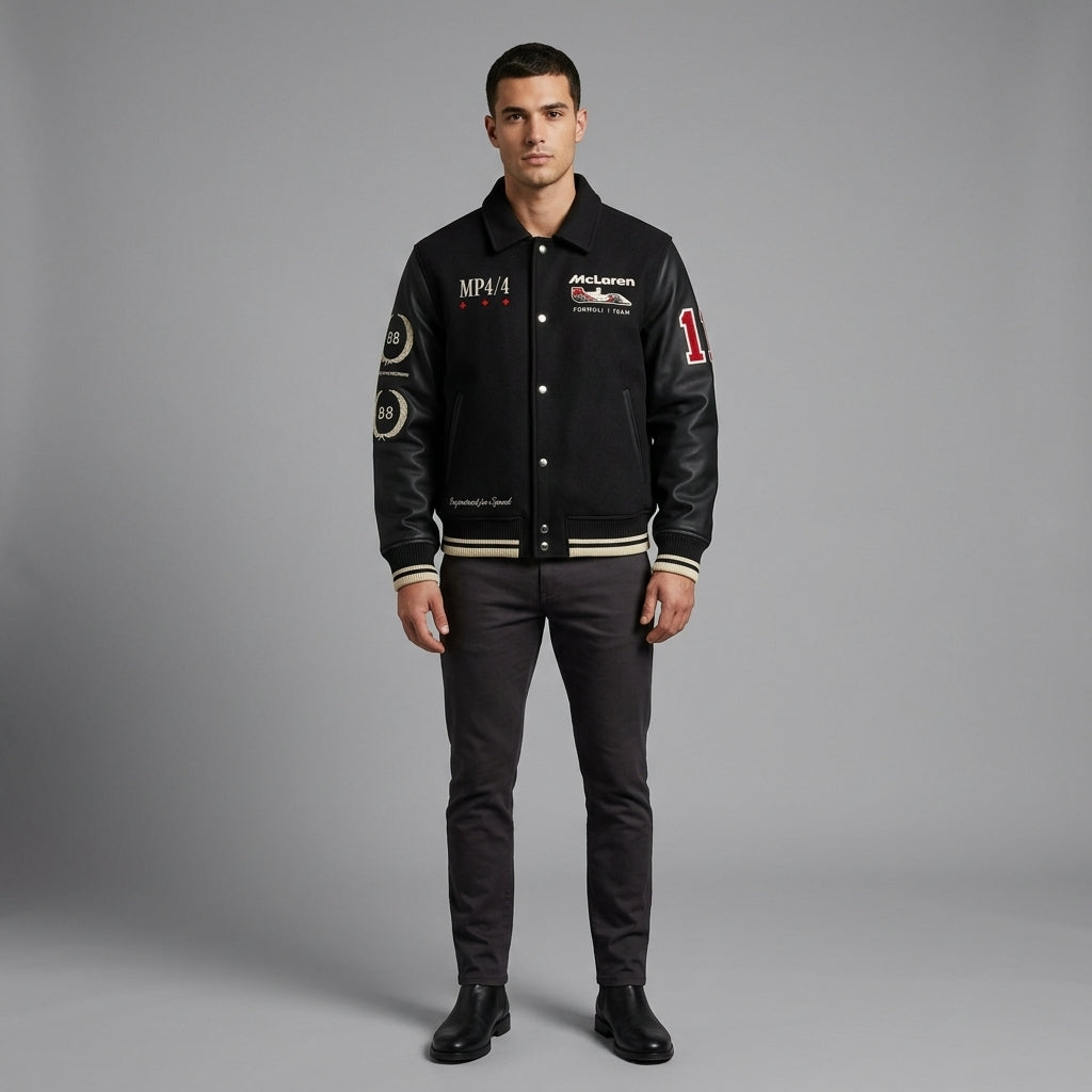 Men’s McLaren Varsity Jacket – Black Wool & Leather Bomber