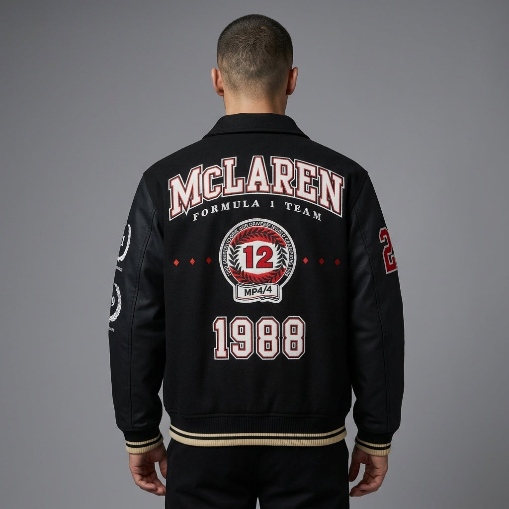 Men’s McLaren Varsity Jacket – Black Wool & Leather Bomber