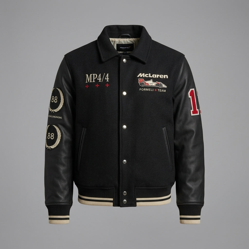Men’s McLaren Varsity Jacket – Black Wool & Leather Bomber