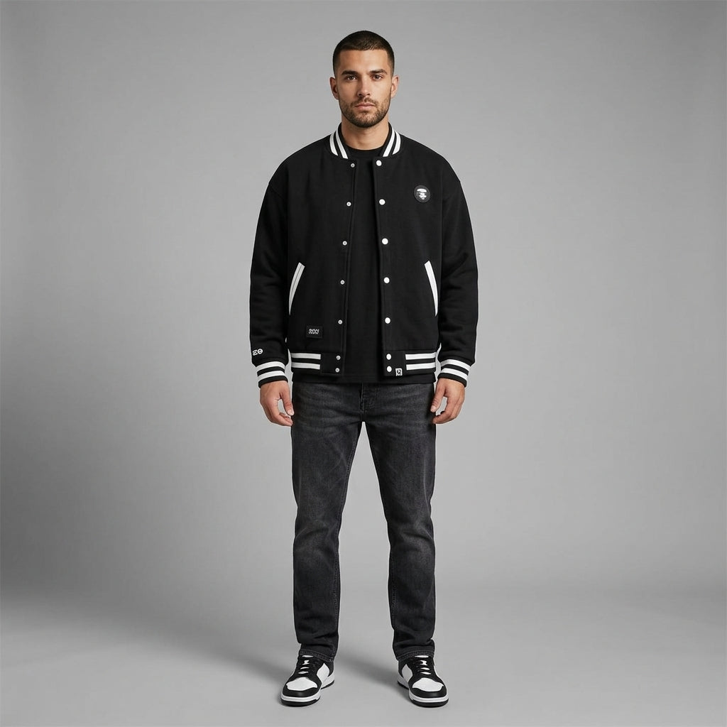 Men’s Now Varsity Jacket – Black & White Flannel Letterman