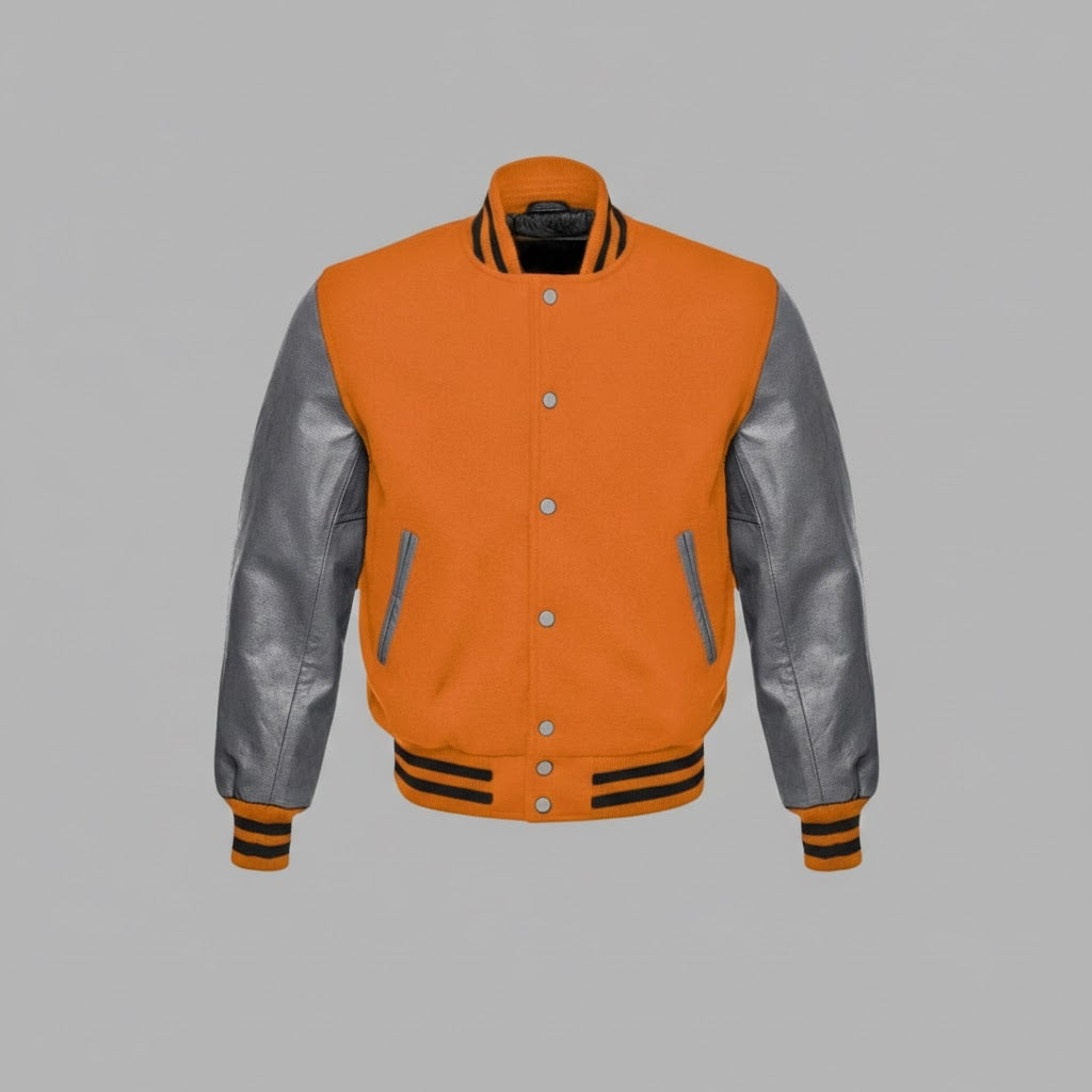 Men’s Orange & Grey Leather Varsity Jacket