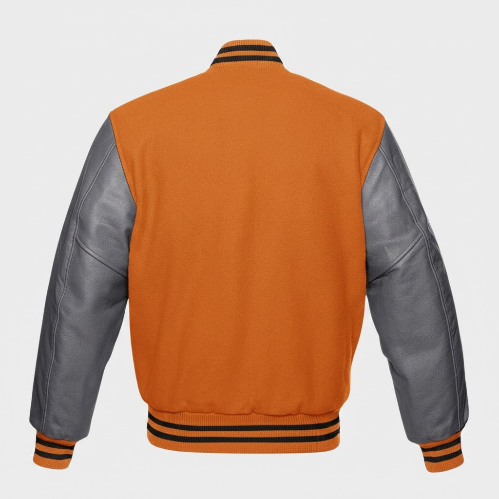 Men’s Orange & Grey Leather Varsity Jacket
