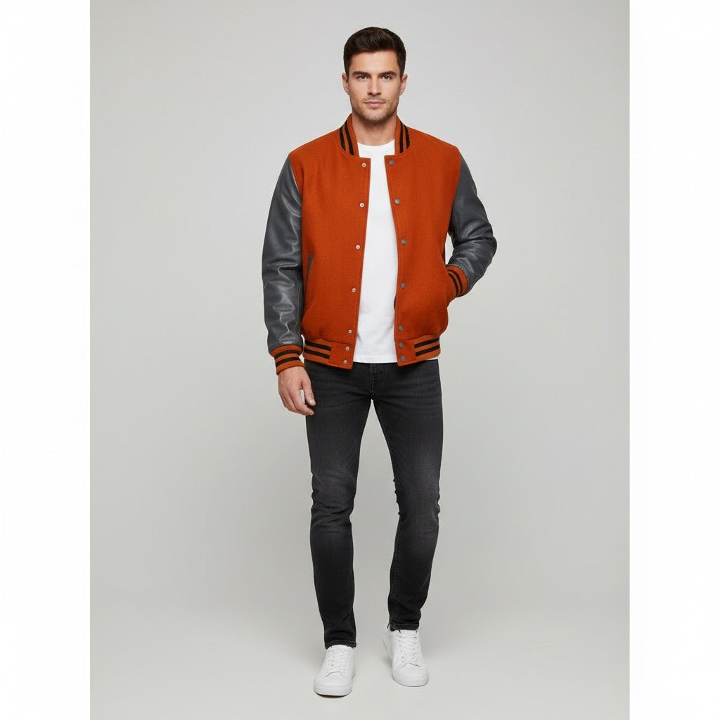 Men’s Orange & Grey Leather Varsity Jacket