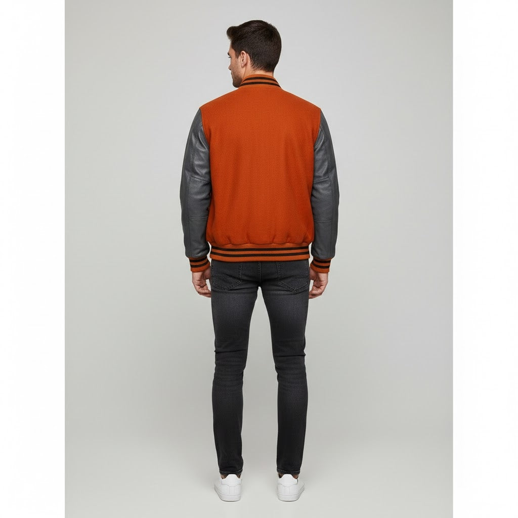 Men’s Orange & Grey Leather Varsity Jacket