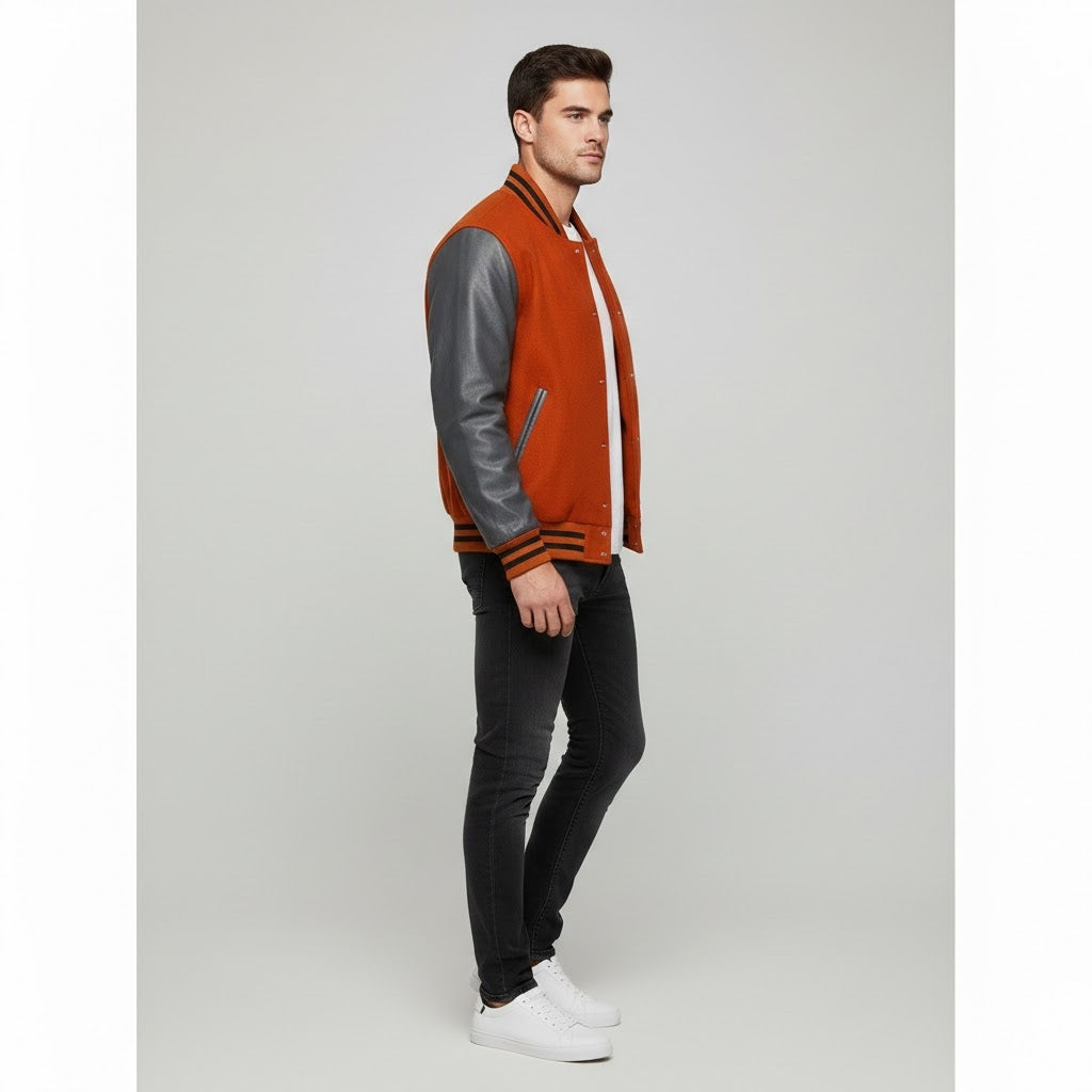 Men’s Orange & Grey Leather Varsity Jacket