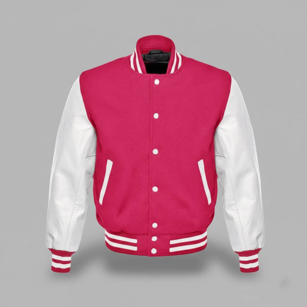 Men’s Pink Body & White Leather Sleeves Varsity Jacket