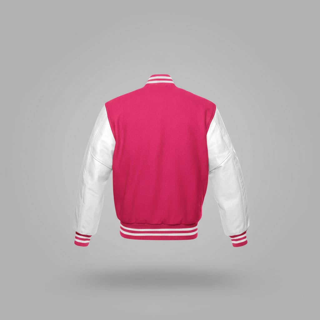 Men’s Pink Body & White Leather Sleeves Varsity Jacket
