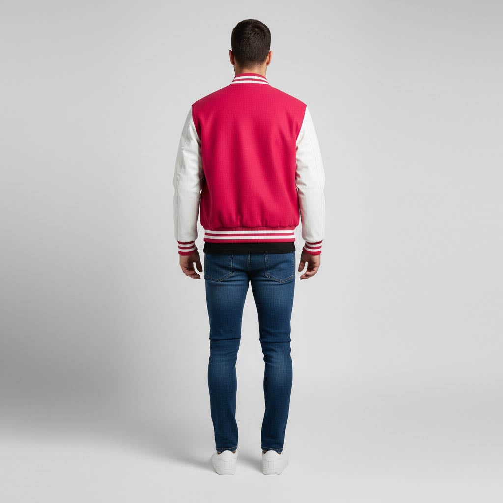 Men’s Pink Body & White Leather Sleeves Varsity Jacket