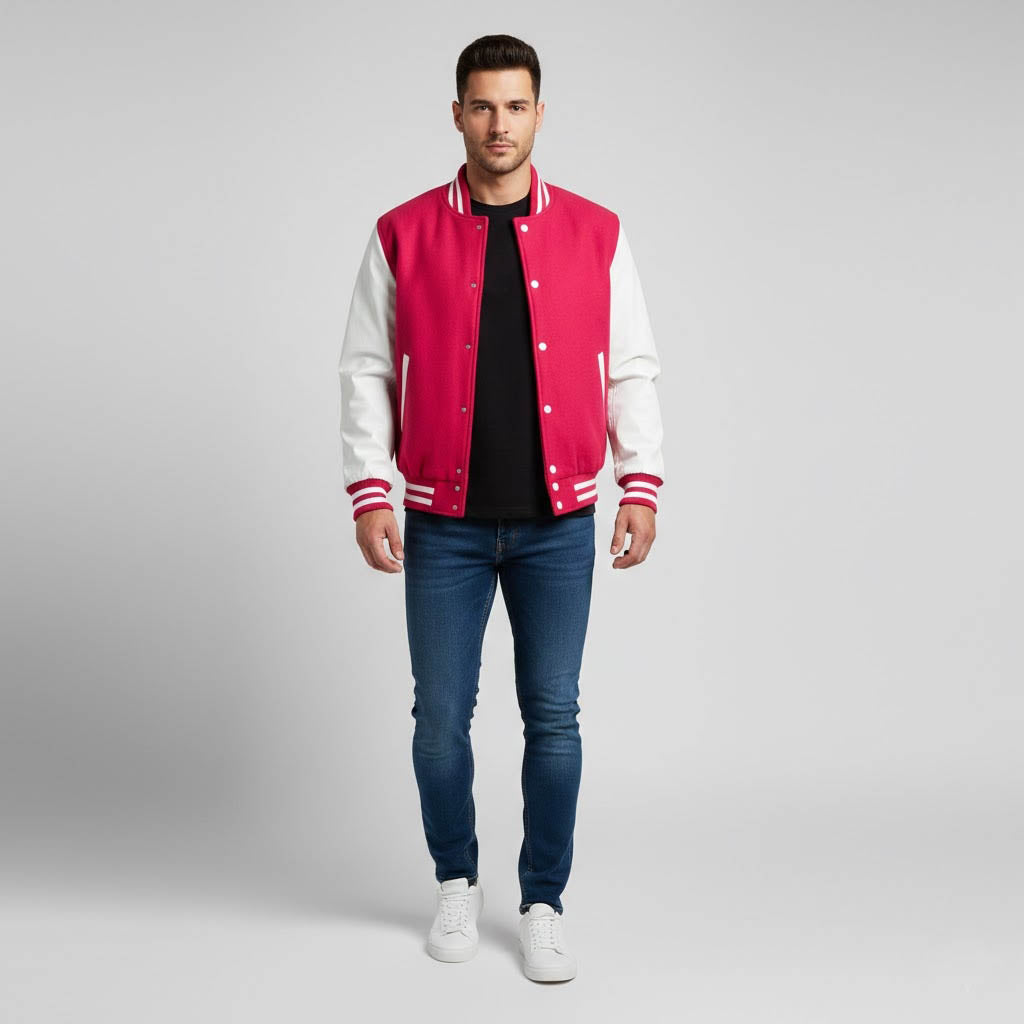 Men’s Pink Body & White Leather Sleeves Varsity Jacket