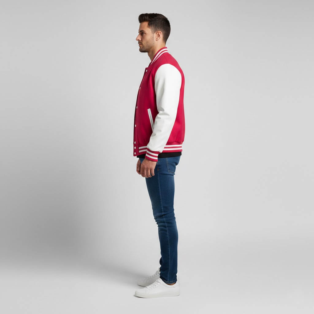 Men’s Pink Body & White Leather Sleeves Varsity Jacket