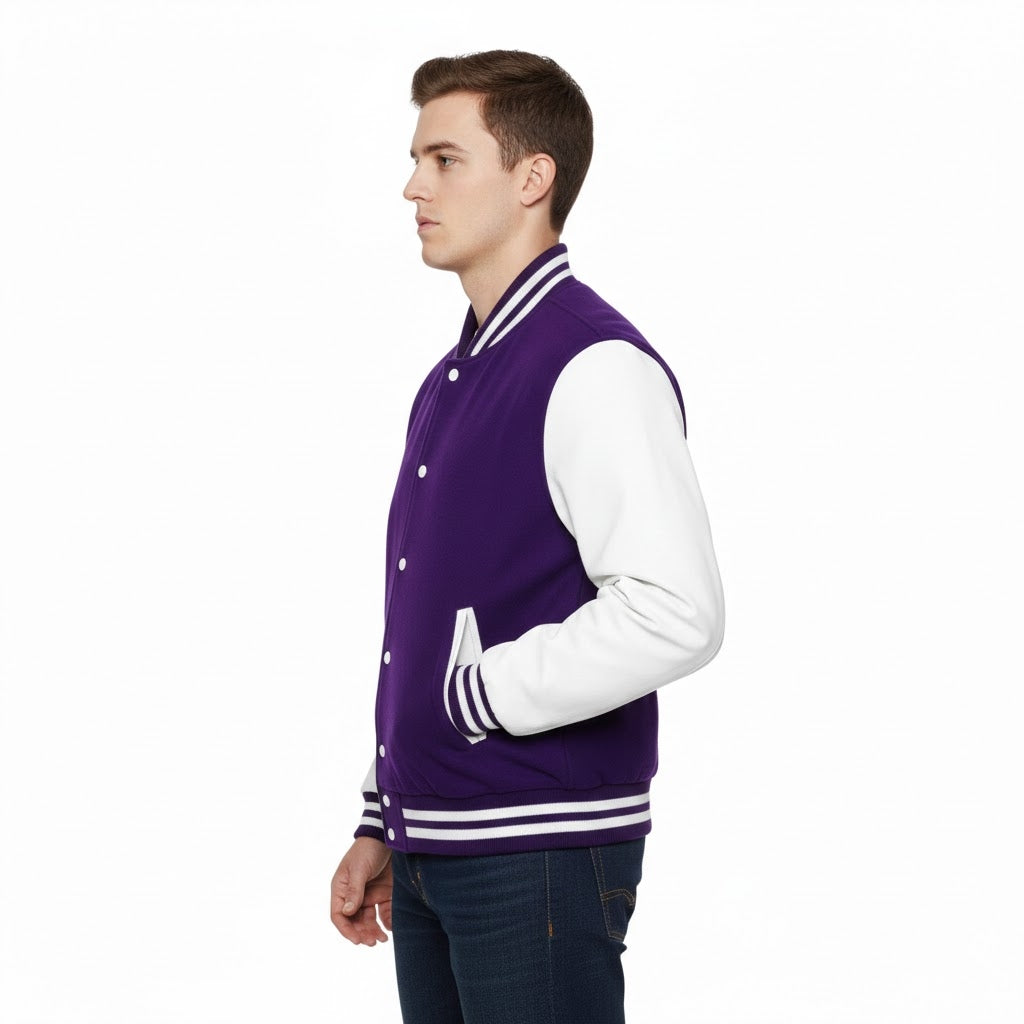 Men’s Purple & White Leather Varsity Jacket