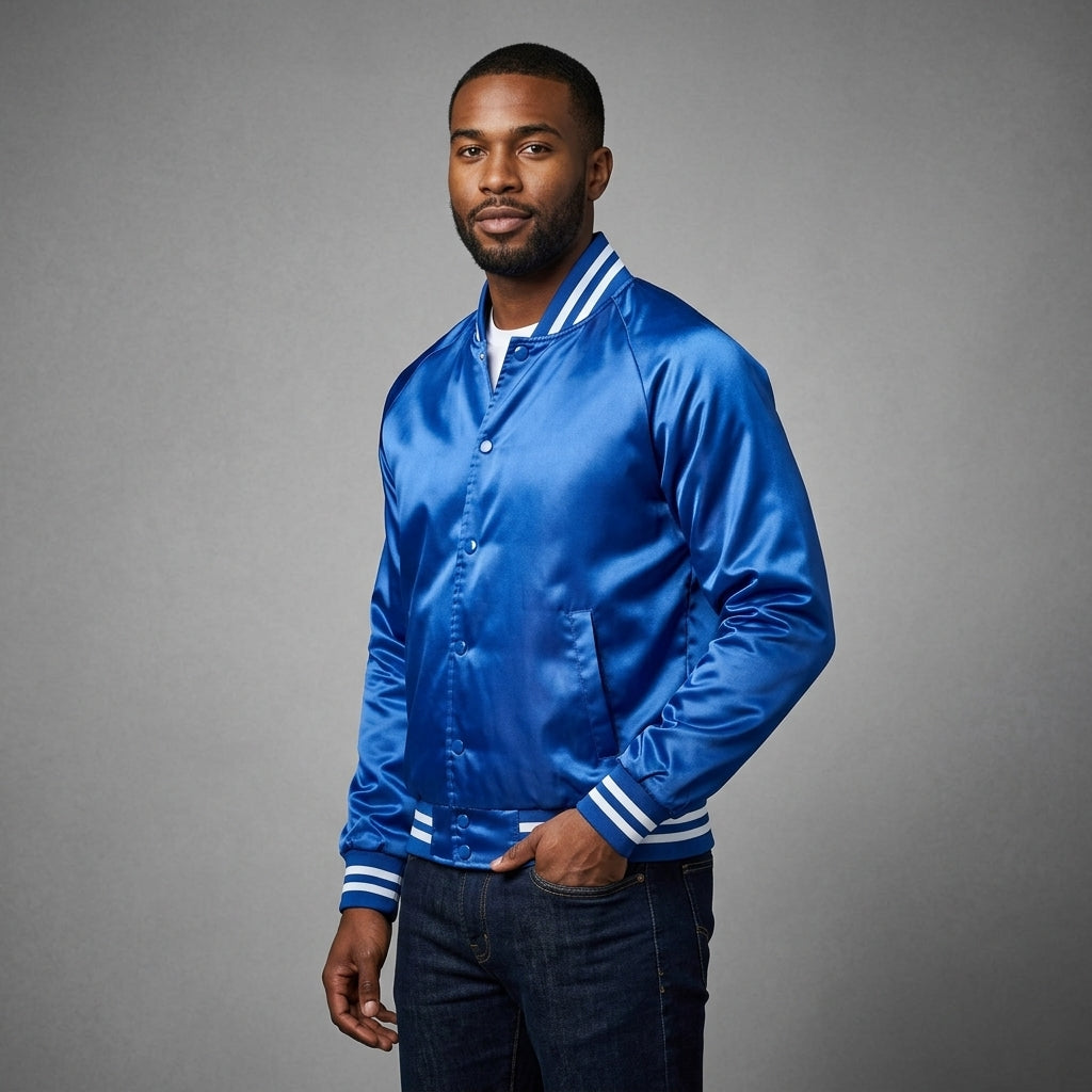 Men’s Royal Blue Satin Baseball Jacket – Striped Trim Letterman