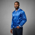 Men’s Royal Blue Satin Baseball Jacket – Striped Trim Letterman