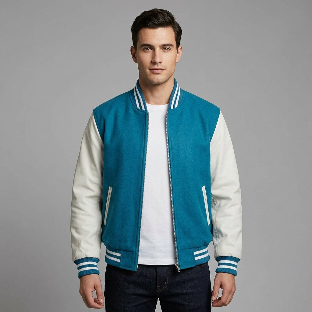 Men’s Teal Blue Wool Varsity Jacket – Cream Leather Sleeves Letterman