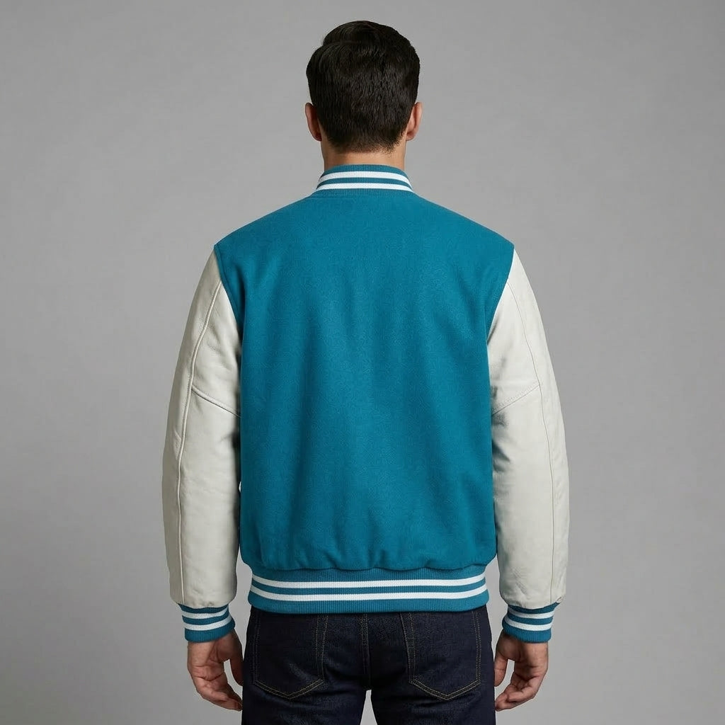 Men’s Teal Blue Wool Varsity Jacket – Cream Leather Sleeves Letterman