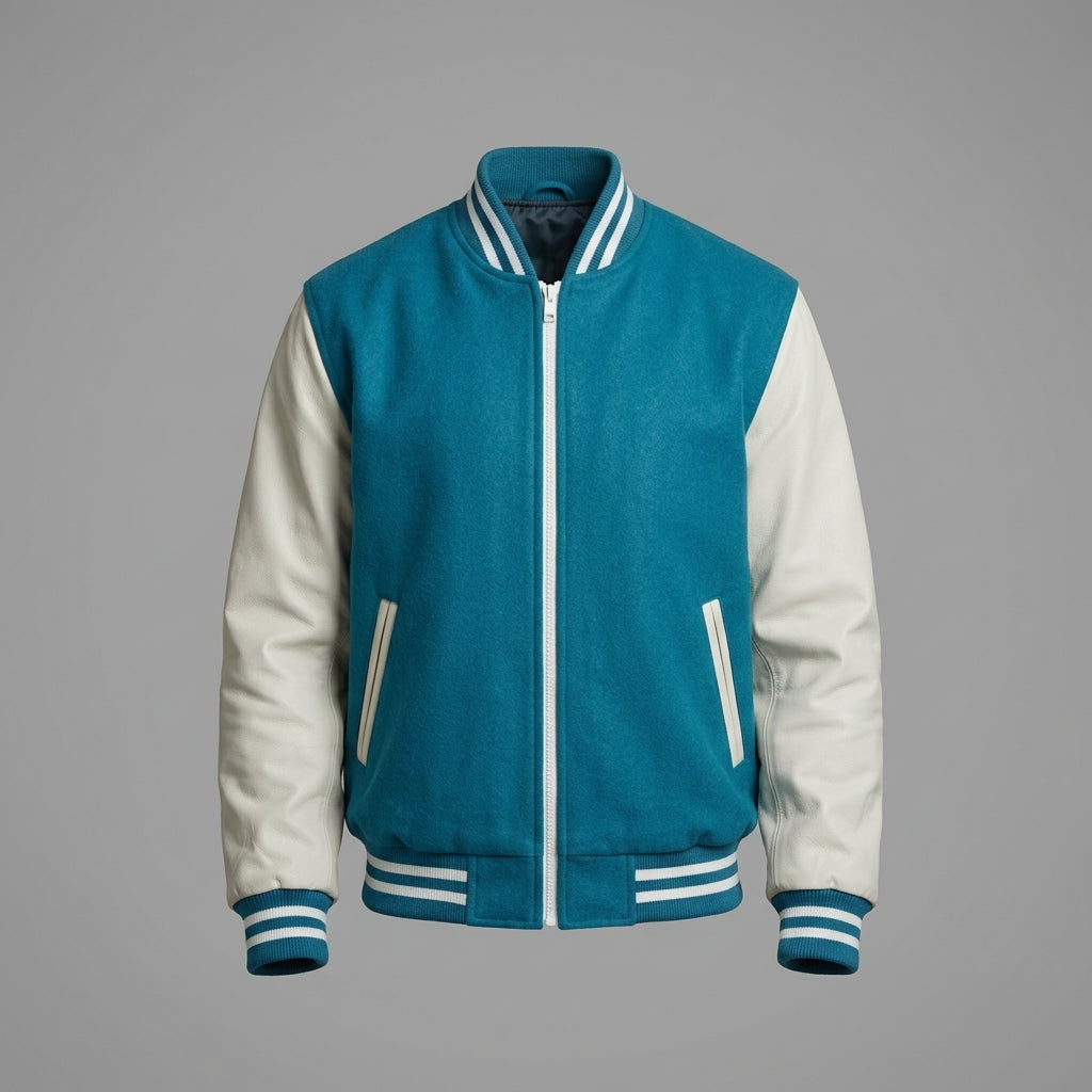 Men’s Teal Blue Wool Varsity Jacket – Cream Leather Sleeves Letterman